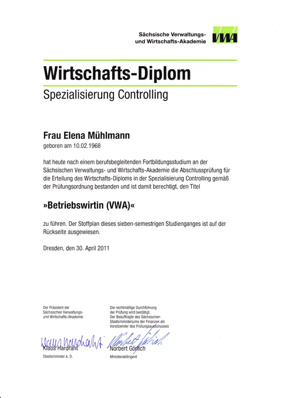 urkunde betriebswirt controlling elena muehlmann